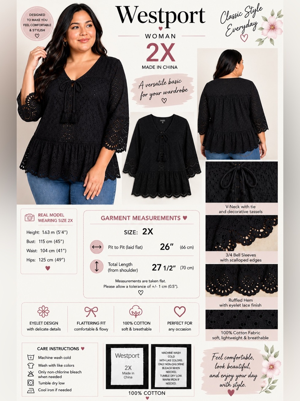 Westport Women’s 2X Black Eyelet Embroidered Cotton Blouse V-Neck Bell Sleeve